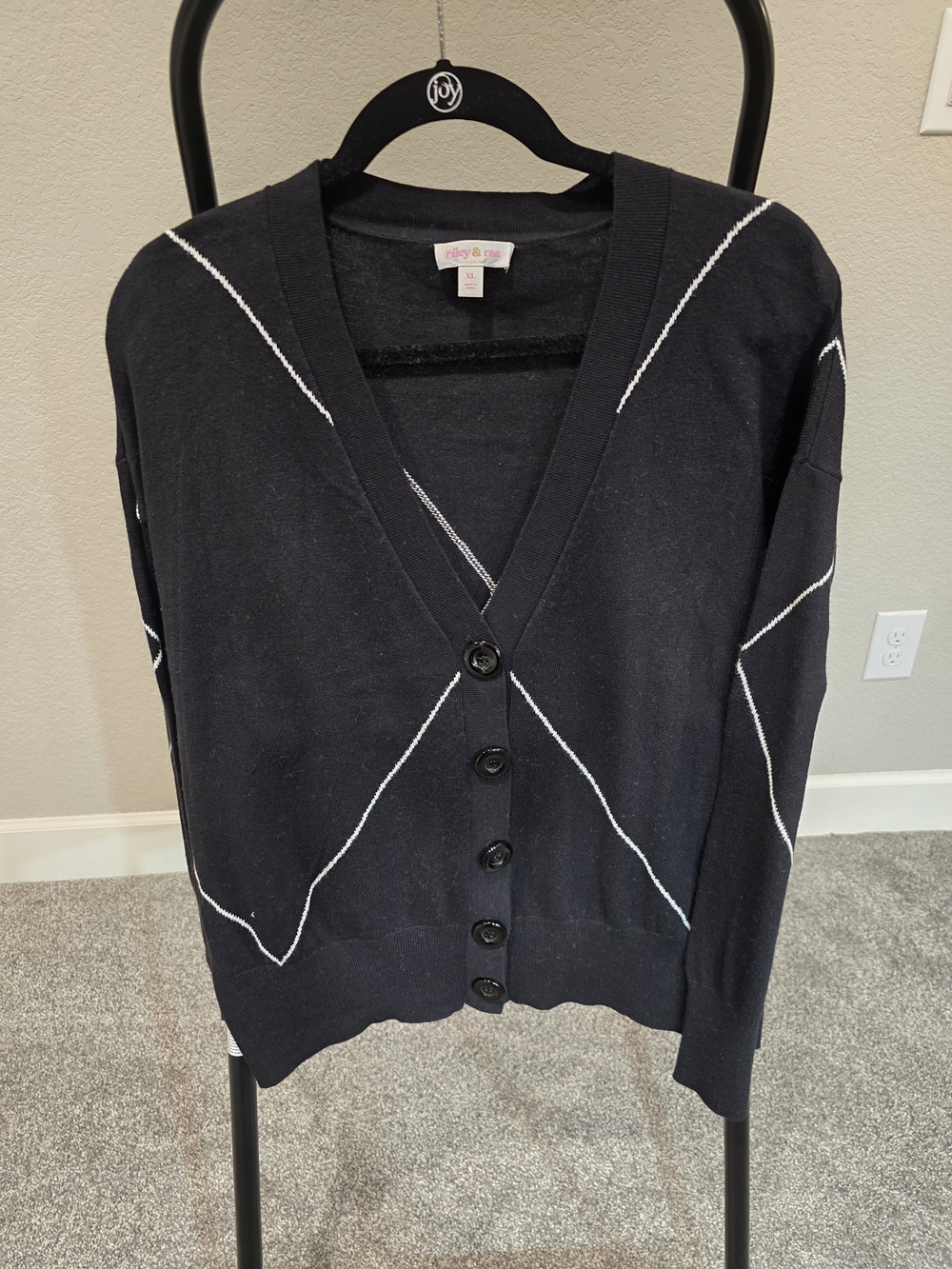 Riley & Rae Black Cardigan with White Argyle Stitching Pattern Size XL